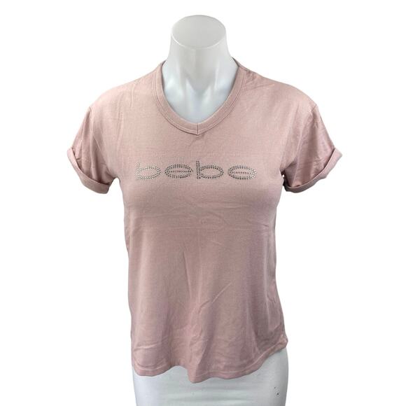 NEW Bebe Women's Pink Rhinestone Logo V-neck Short Sleeve Tee T-shirt Top Size L - Picture 1 of 4